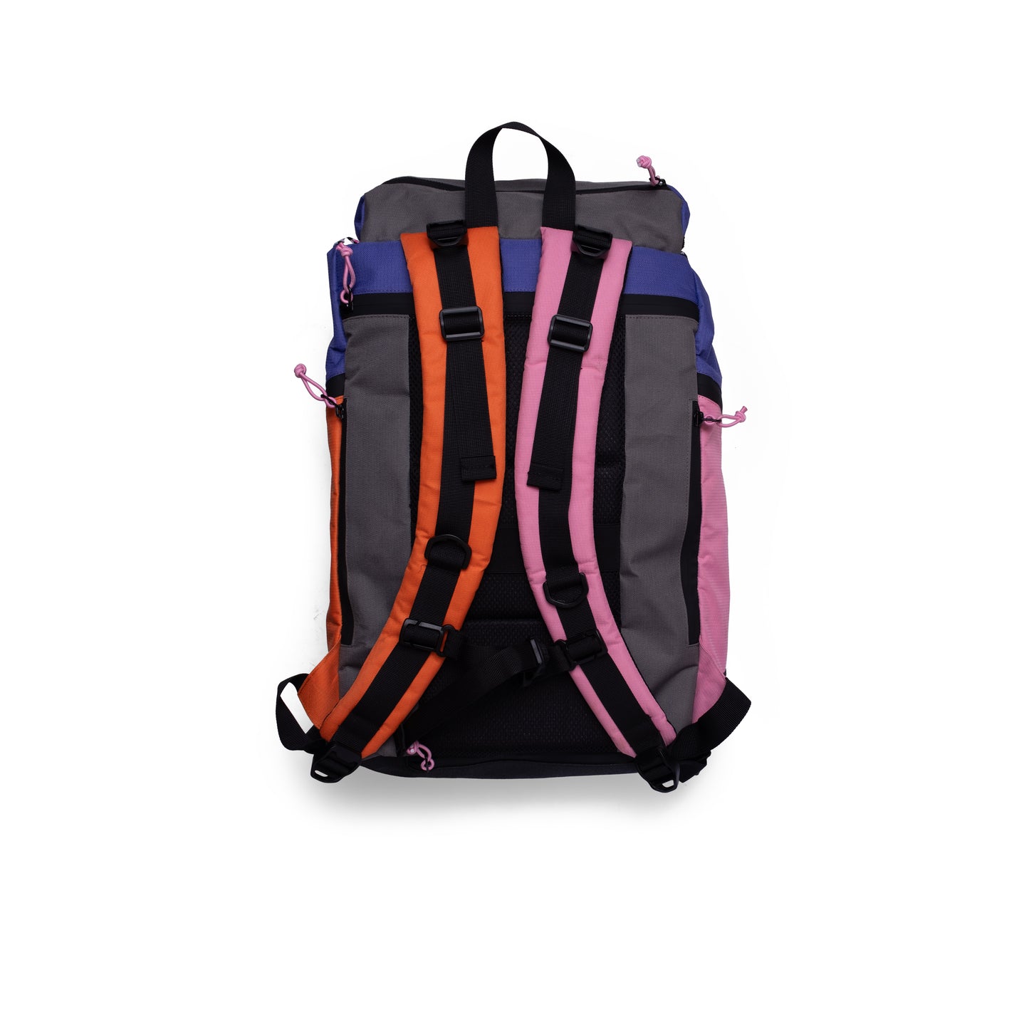 TREQ WILDFLARE Trail 22L Outdoor Backpack displayed from the back, featuring vibrant straps in multiple colours, perfect for outdoor adventures.