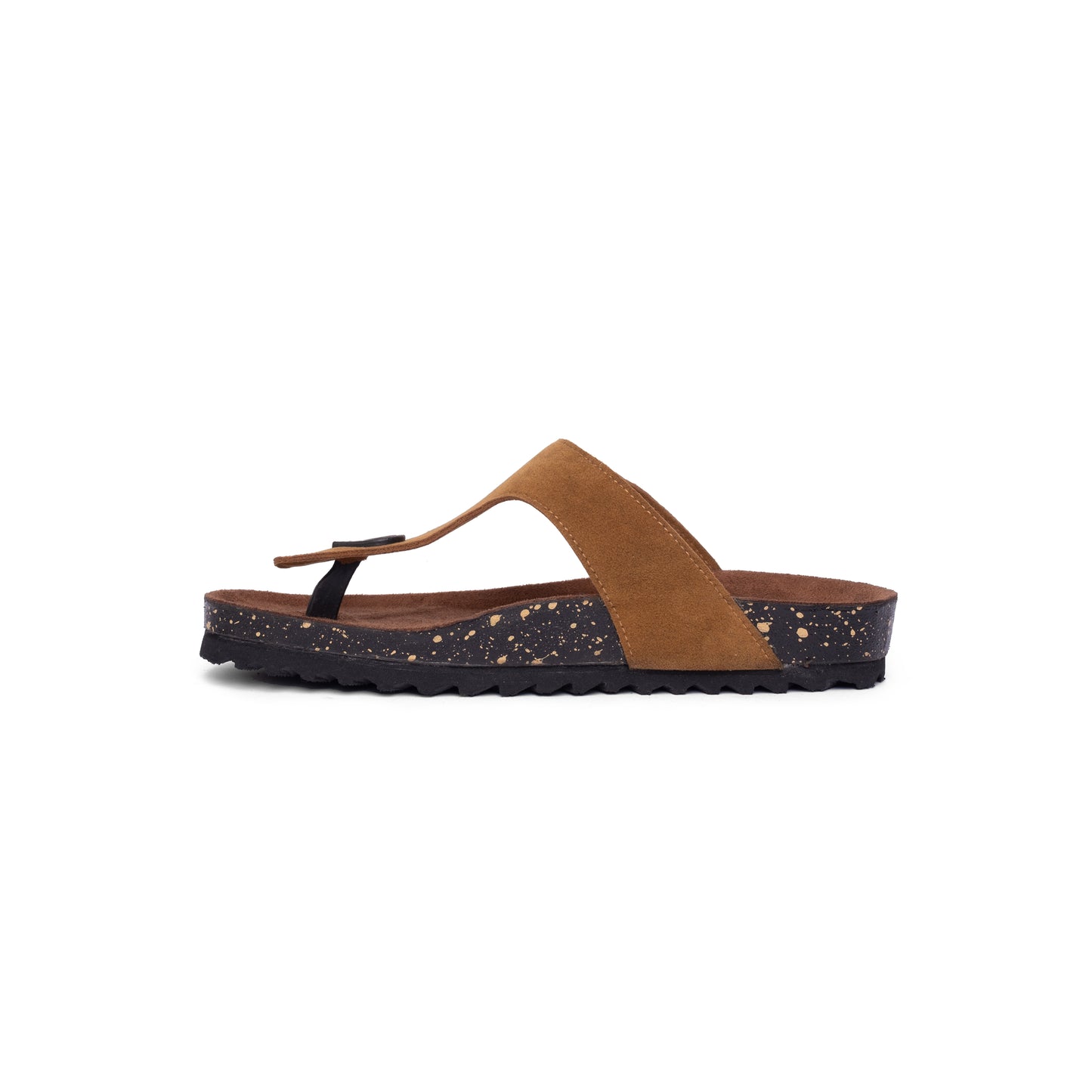 Side view of CAHPE Mustard suede leather sandals, showcasing its speckled black midsole, perfect as Lifestyle Sandals for Everyday adventures.