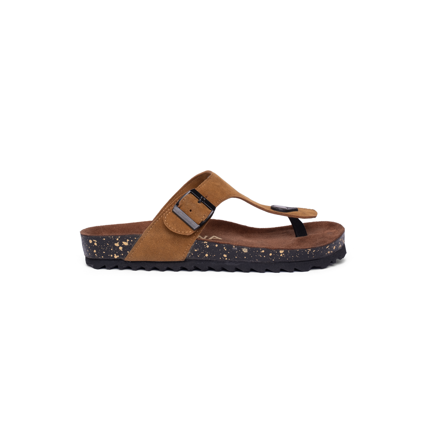 CAHPE Mustard suede leather sandal featuring an adjustable black metal buckle, designed as Lifestyle Sandals for Everyday use with a contoured footbed for comfort.