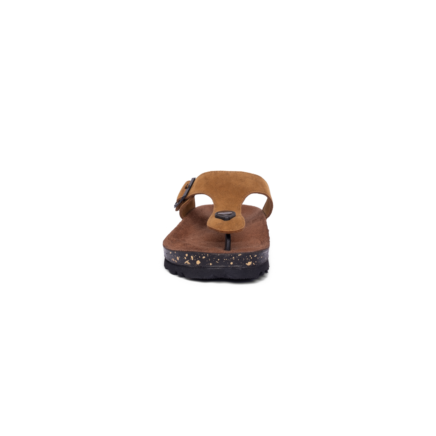 Front view of CAHPE Mustard sandals highlighting the rich brown suede upper and secure black metal buckle, ideal Lifestyle Sandals for Everyday wear.