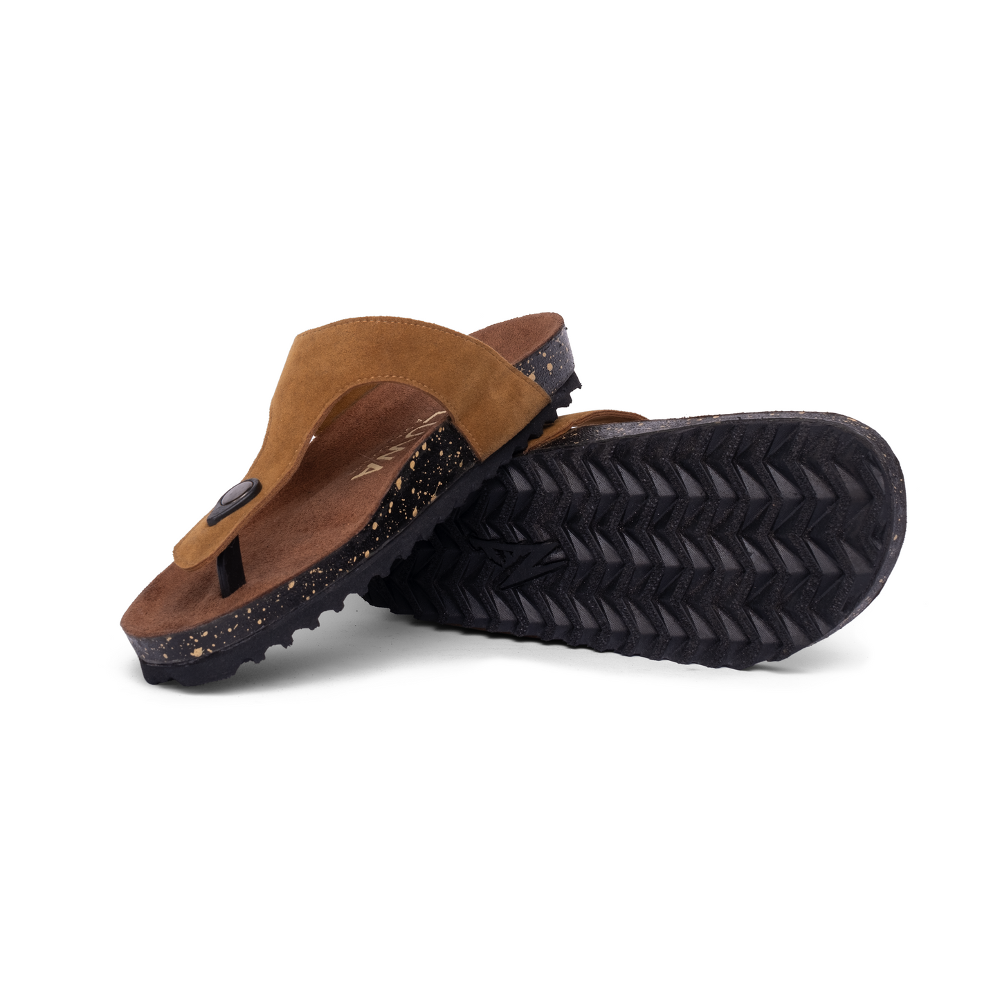 Bottom view of CAHPE Mustard suede sandals, illustrating the deep-grooved outsole for excellent traction, ideal as Lifestyle Sandals for Everyday use.