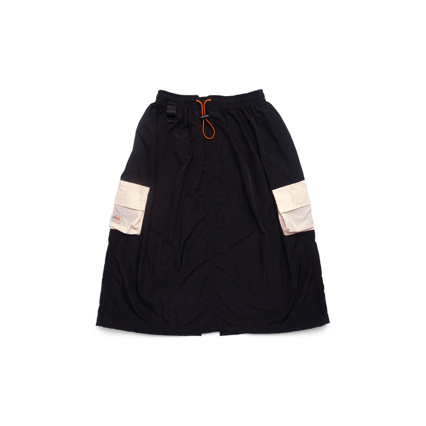 SKERT Smoky Peak Kids Long Cargo Skirt displayed flat, featuring a stylish black design with beige cargo pockets and an adjustable drawcord for versatile wear.