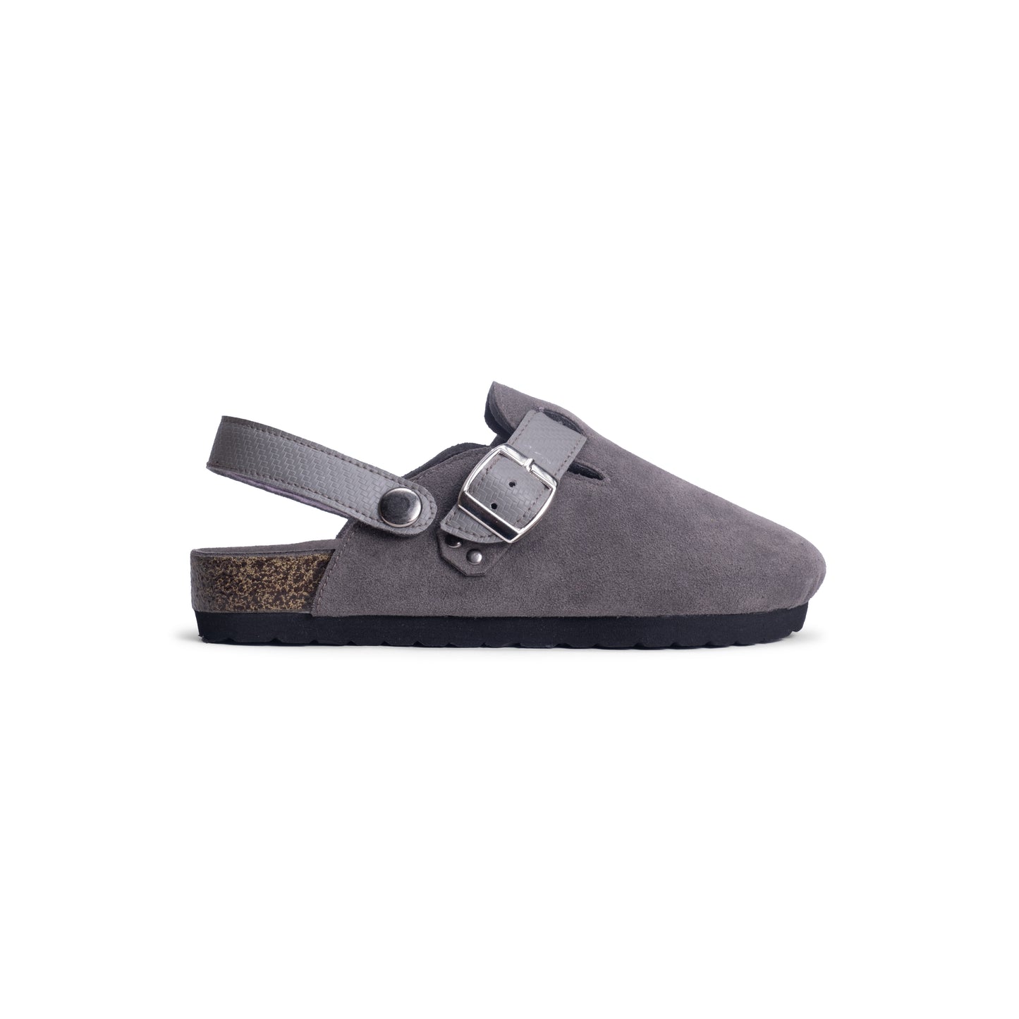 Side view of the DEKLOM Cloud sandals, stylish and practical clogs for kids in grey, featuring a secure buckle and soft suede-like upper.