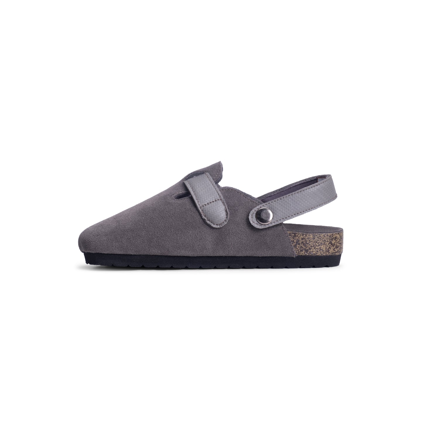 Profile view of DEKLOM Cloud clogs for kids, showcasing a comfortable grey suede finish with an adjustable strap for a custom fit.