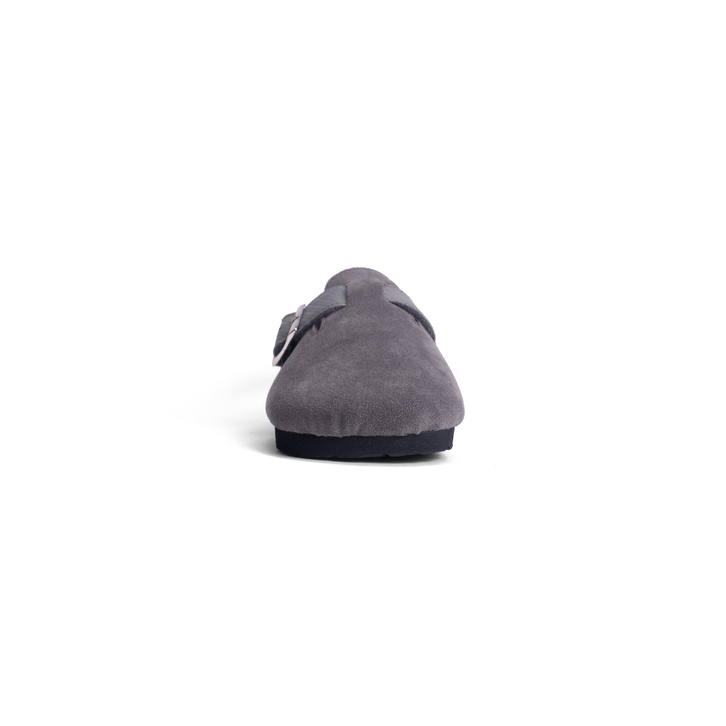 Front view of the DEKLOM Cloud clogs for kids, highlighting the sleek and modern design in soft grey suede for adventurous young explorers.