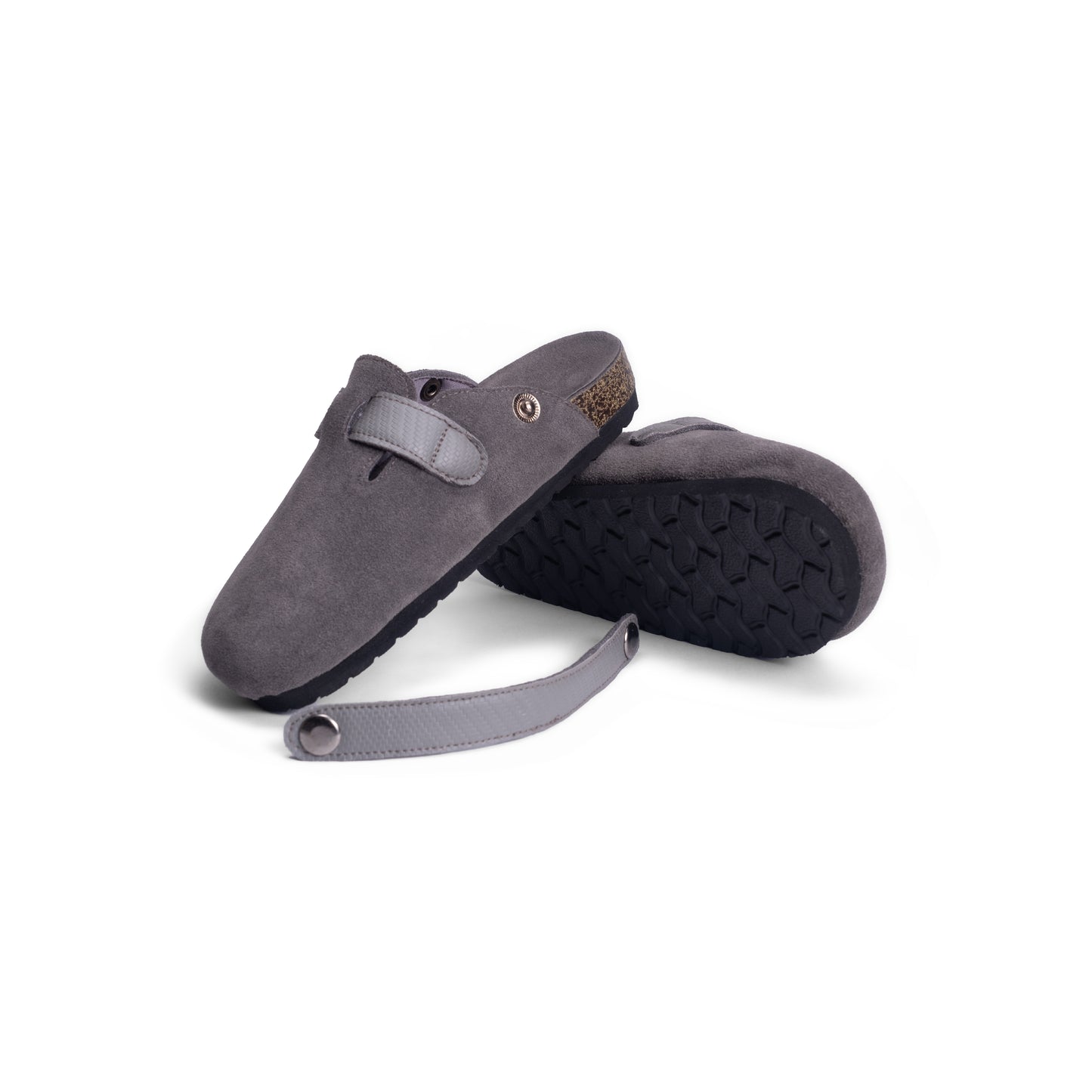 Two pairs of DEKLOM Cloud clogs for kids, showcased in grey suede with adjustable straps, perfect for both casual outings and active play.