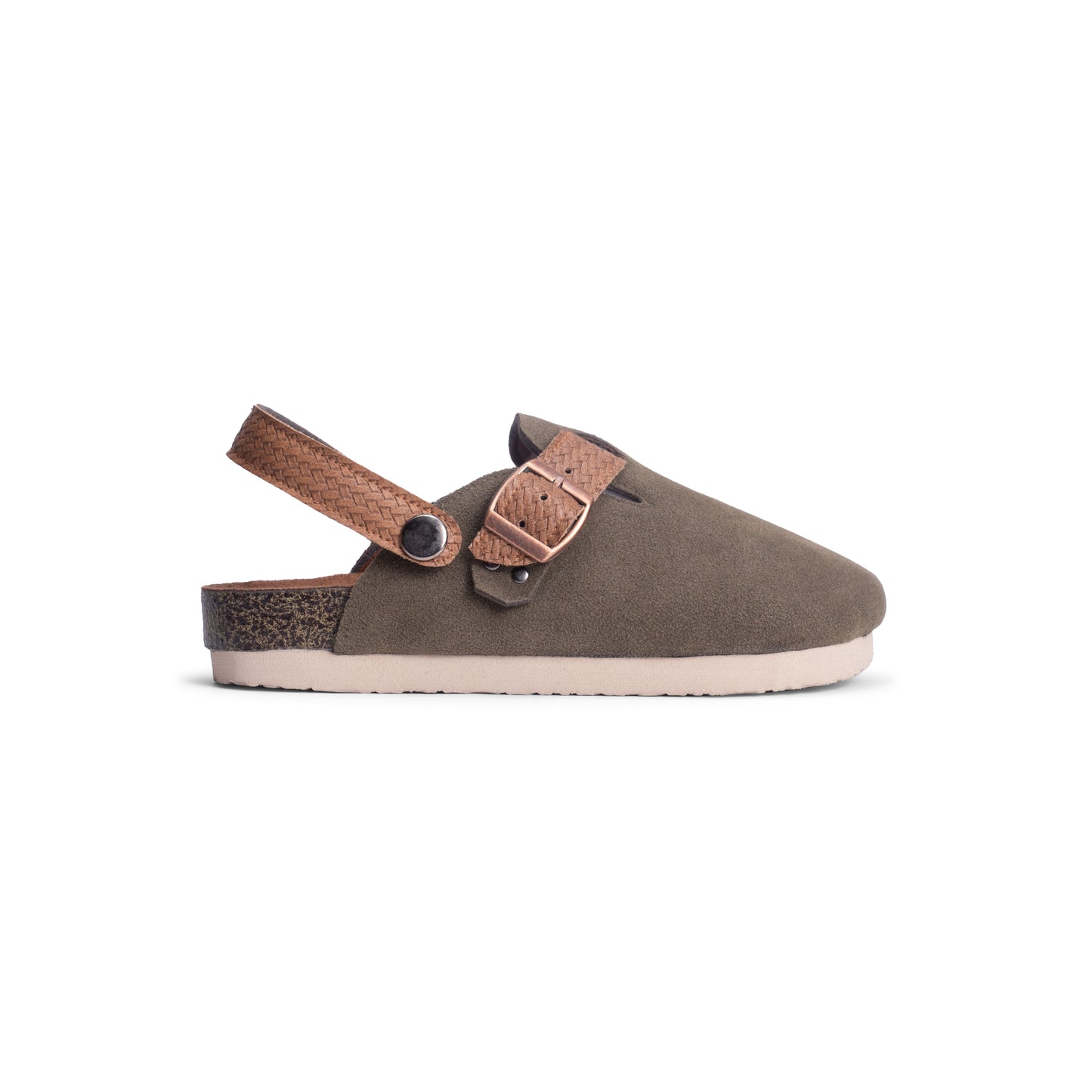 DEKLOM Pine Clogs for Kids featuring a soft suede-like upper and a braided strap for adjustable fit.