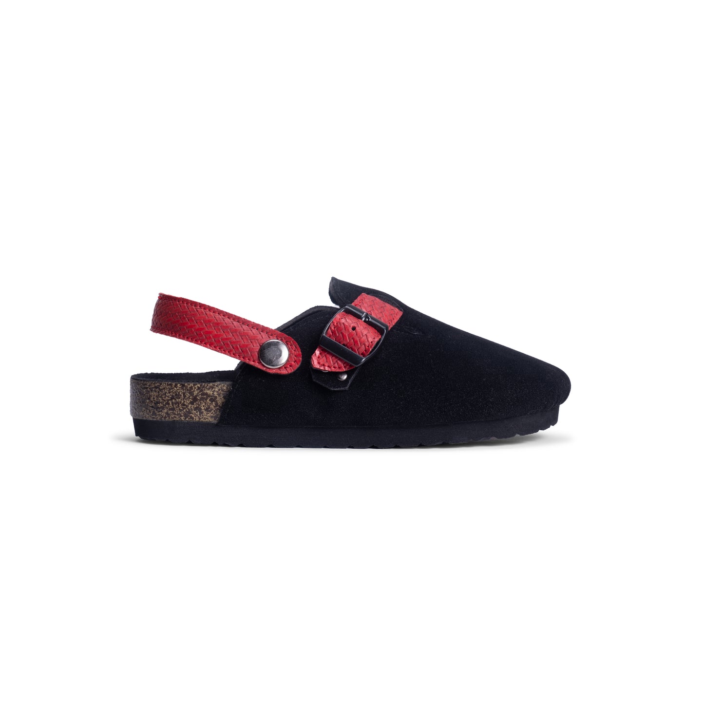 Side view of DEKLOM Eternal clogs for kids, featuring a black suede-like upper with a vibrant red woven strap for adjustable comfort.