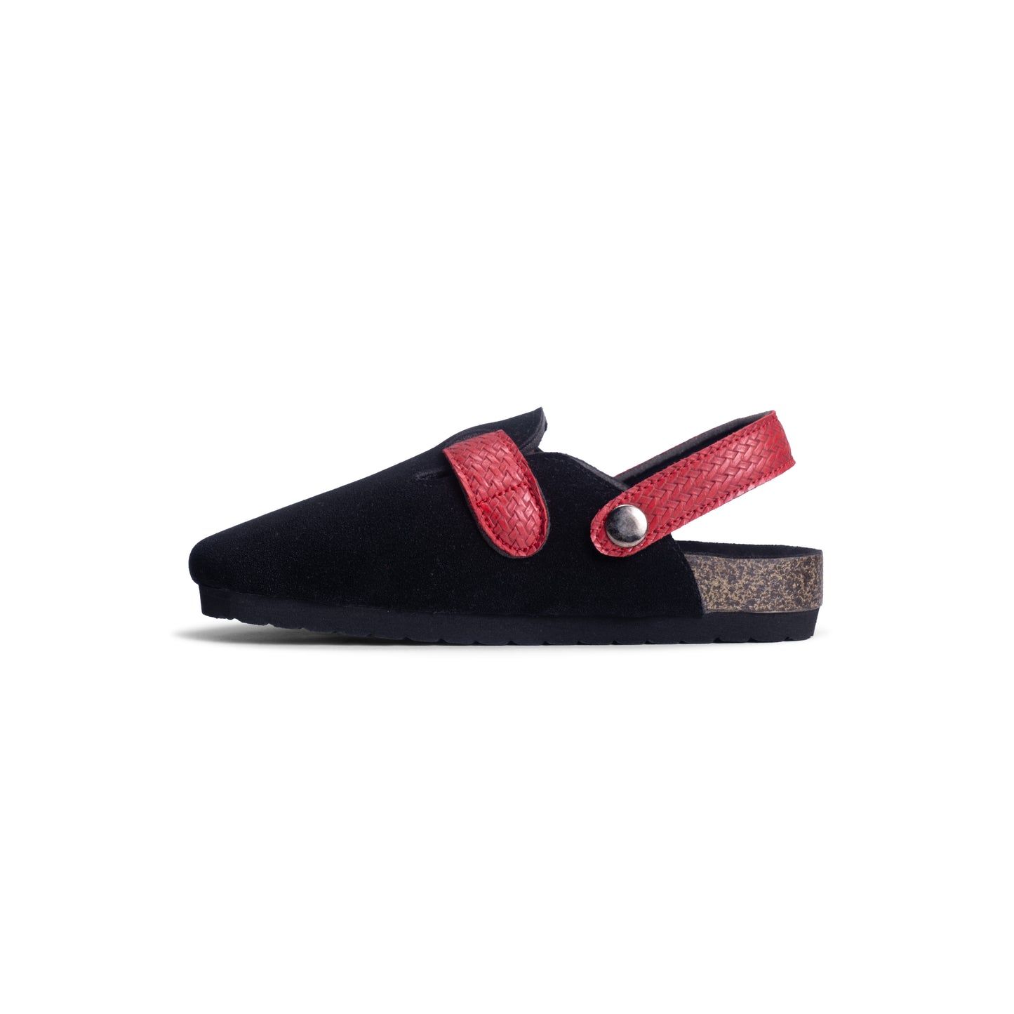 Alternate side view of DEKLOM Eternal clogs for kids, showcasing the black suede-like material and prominent red strap for a secure fit.