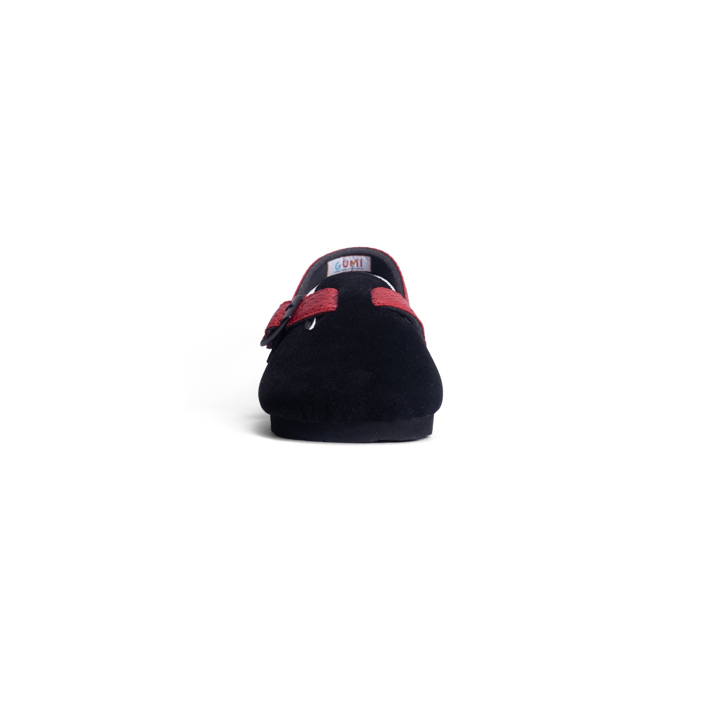 Front view of DEKLOM Eternal clogs for kids, highlighting the sleek black design with a red strap, perfect for stylish adventures.