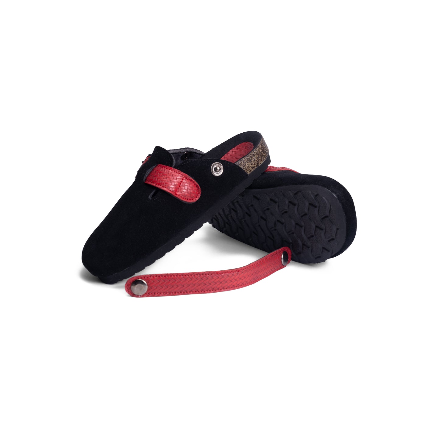 Top view of DEKLOM Eternal clogs for kids, featuring the black suede body and distinct red strap, perfect for comfort and style.
