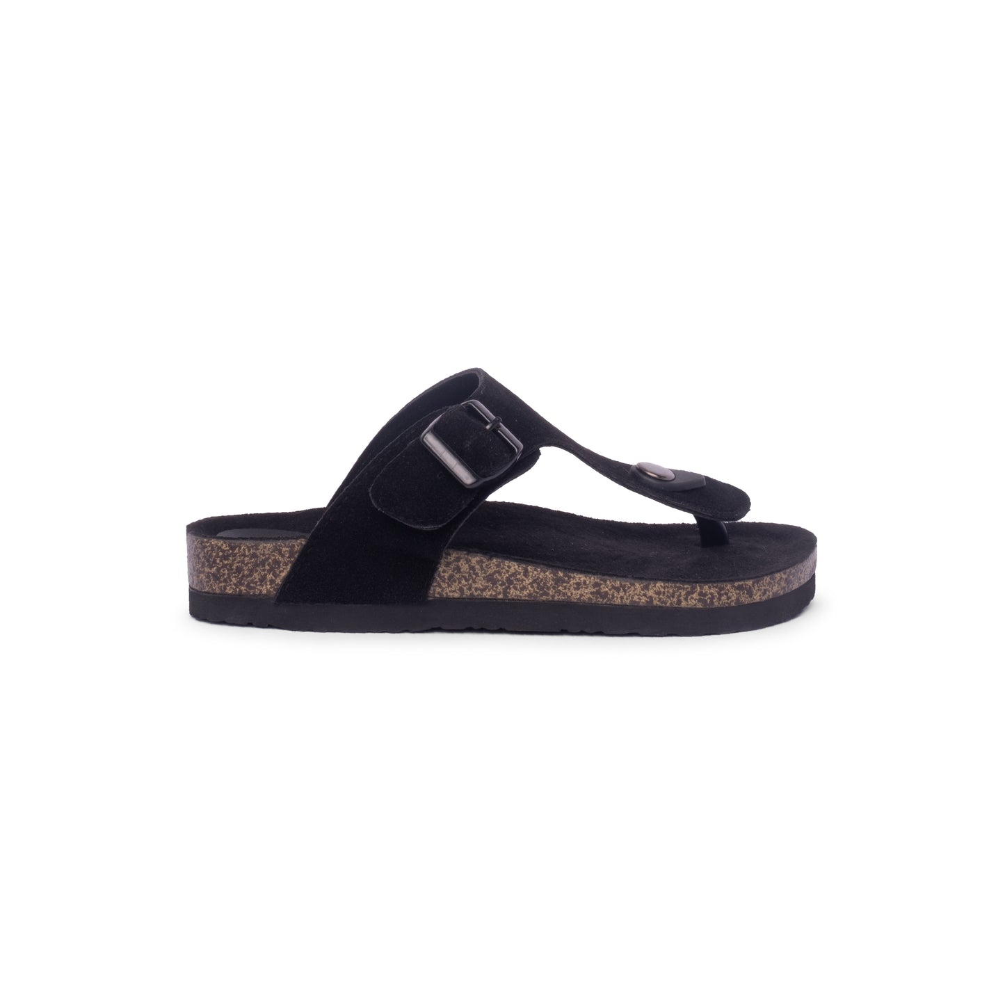 FLIOPS Cinder Bear - Stylish suede-like black leather flip flops for kids with adjustable buckle strap and supportive toe post, perfect for all-day wear and adventures.