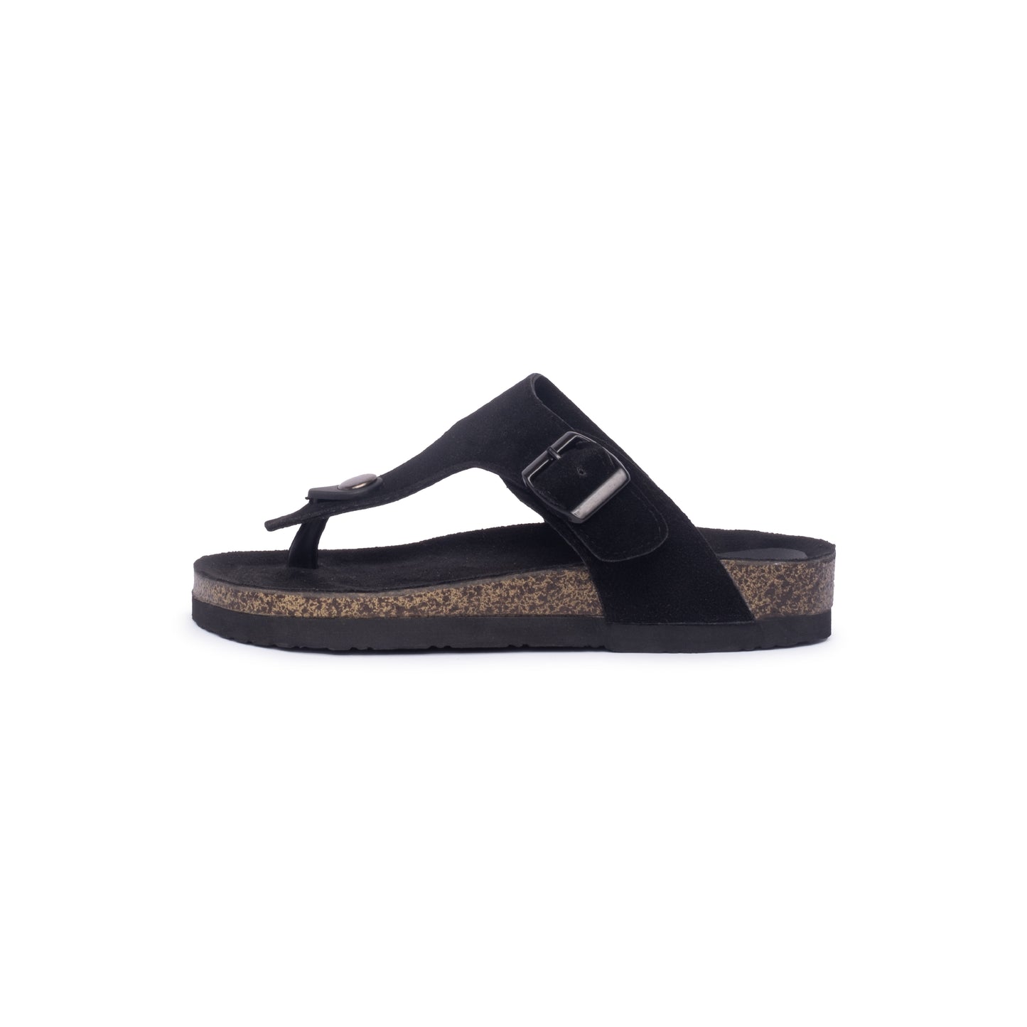 FLIOPS Cinder Bear - Side view of black leather flip flops for kids featuring a soft suede-like upper and cork-style midsole, ideal for comfort and stability.