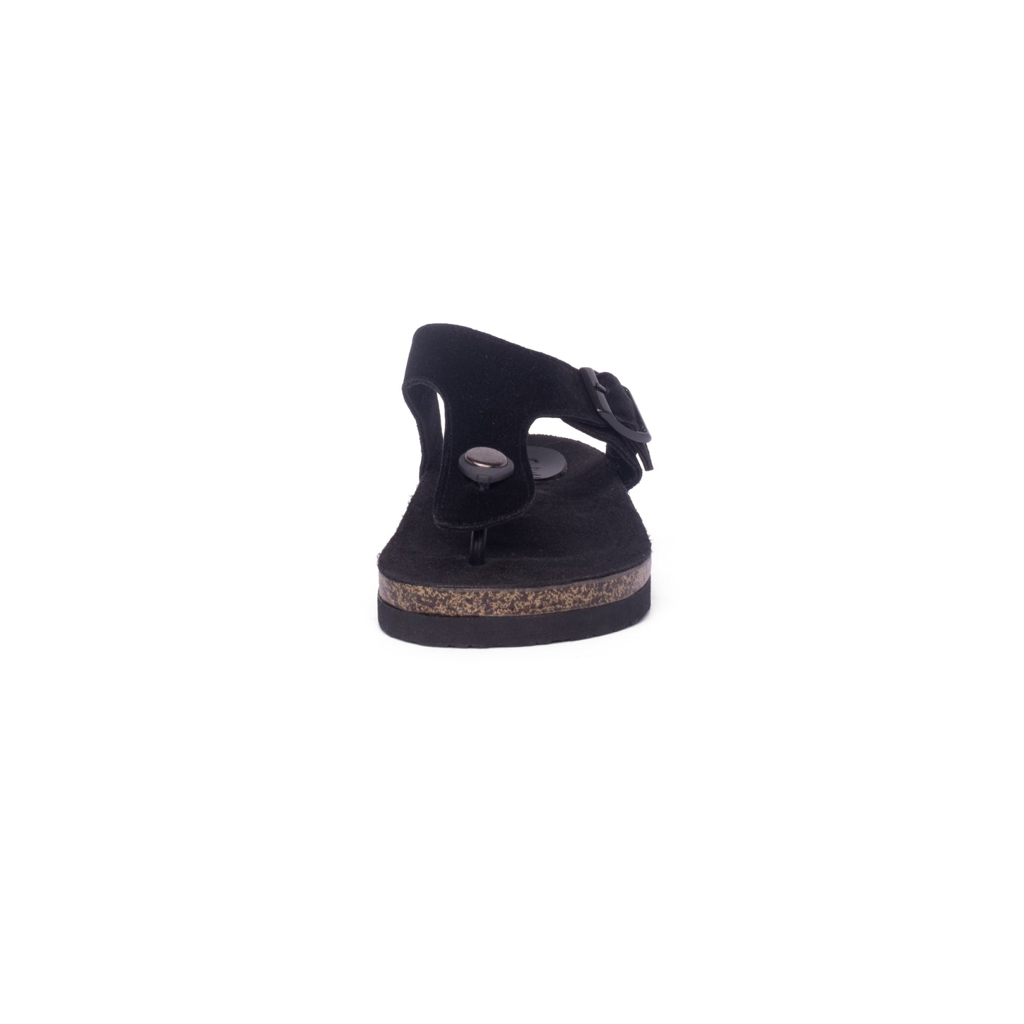 FLIOPS Cinder Bear - Rear view of black leather flip flops for kids showcasing adjustable strap and durable materials for secure fit and long-lasting wear.