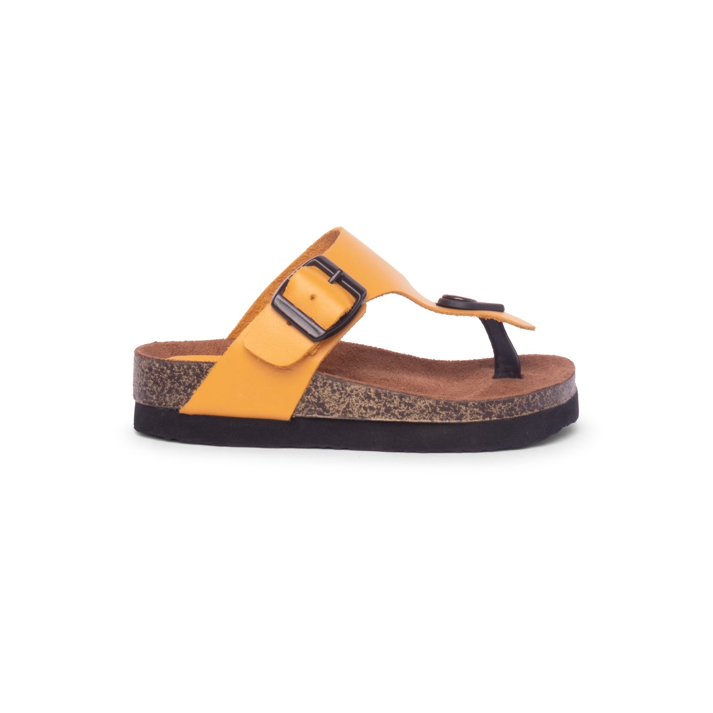 Side view of FLIOPS Sunny Bug, stylish yellow leather flip flops for kids, featuring a buckle strap and a comfortable cork-style footbed, perfect for little feet.