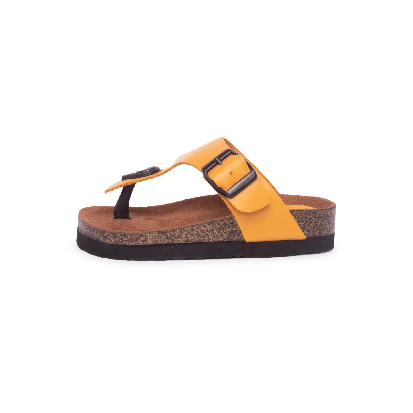 Another angle of FLIOPS Sunny Bug, vibrant yellow leather flip flops for kids, highlighting the secure toe post and adjustable buckle strap for a snug fit.