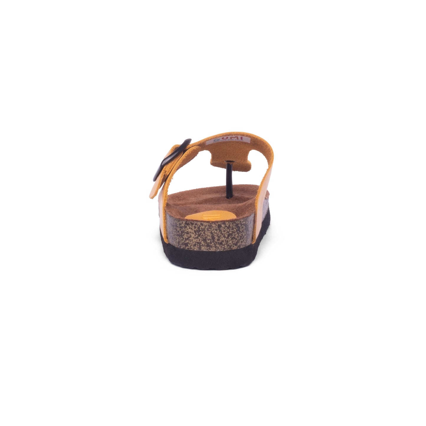 Rear view of FLIOPS Sunny Bug, yellow leather flip flops for kids with a contoured footbed designed for comfort and support during playtime.