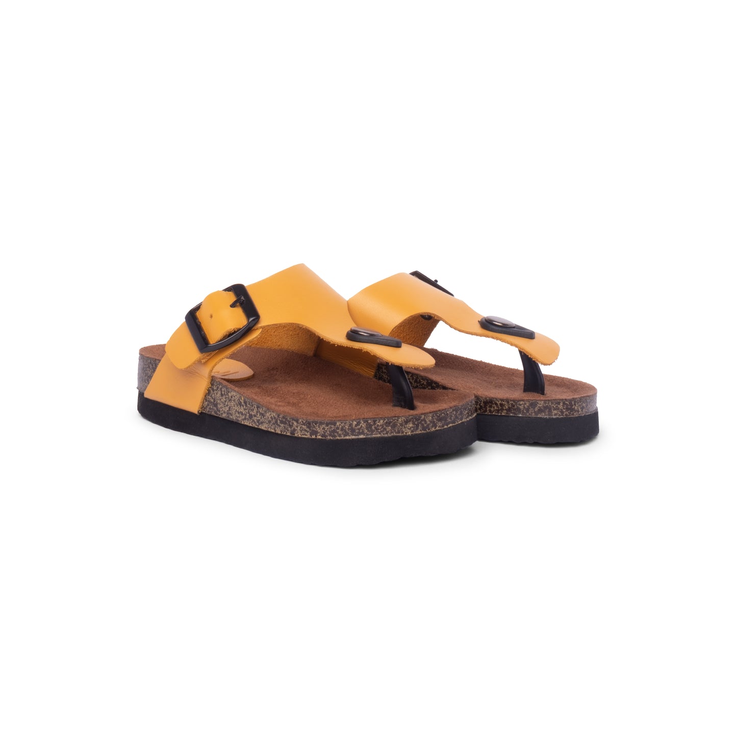 Pair of FLIOPS Sunny Bug, kids' yellow leather flip flops, emphasising the sturdy construction and stylish design suitable for active children.