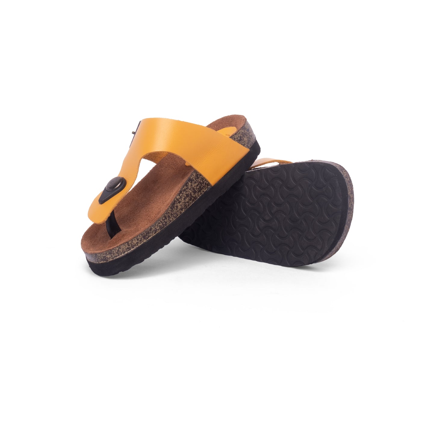 FLIOPS Sunny Bug displayed, a pair of yellow leather flip flops for kids showing the textured outsole for slip resistance and the ergonomic footbed for comfort.