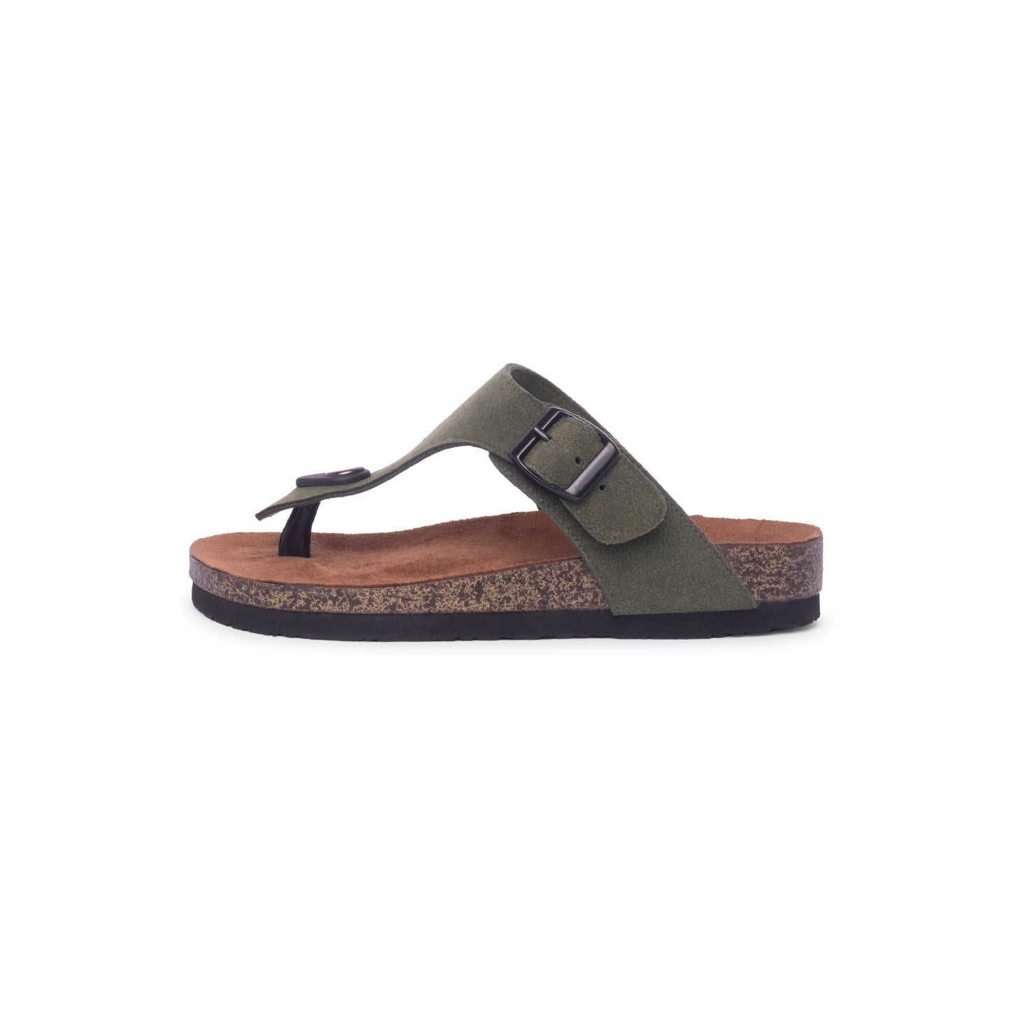 Side view of FLIOPS Forest Turtle sandals featuring a soft green upper and contoured footbed for comfort, ideal for all-day wear.