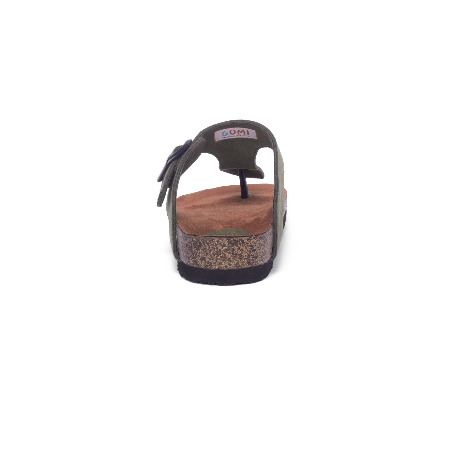 Back view of FLIOPS Forest Turtle sandals, emphasizing the adjustable buckle strap and soft cork-style midsole for enhanced stability.