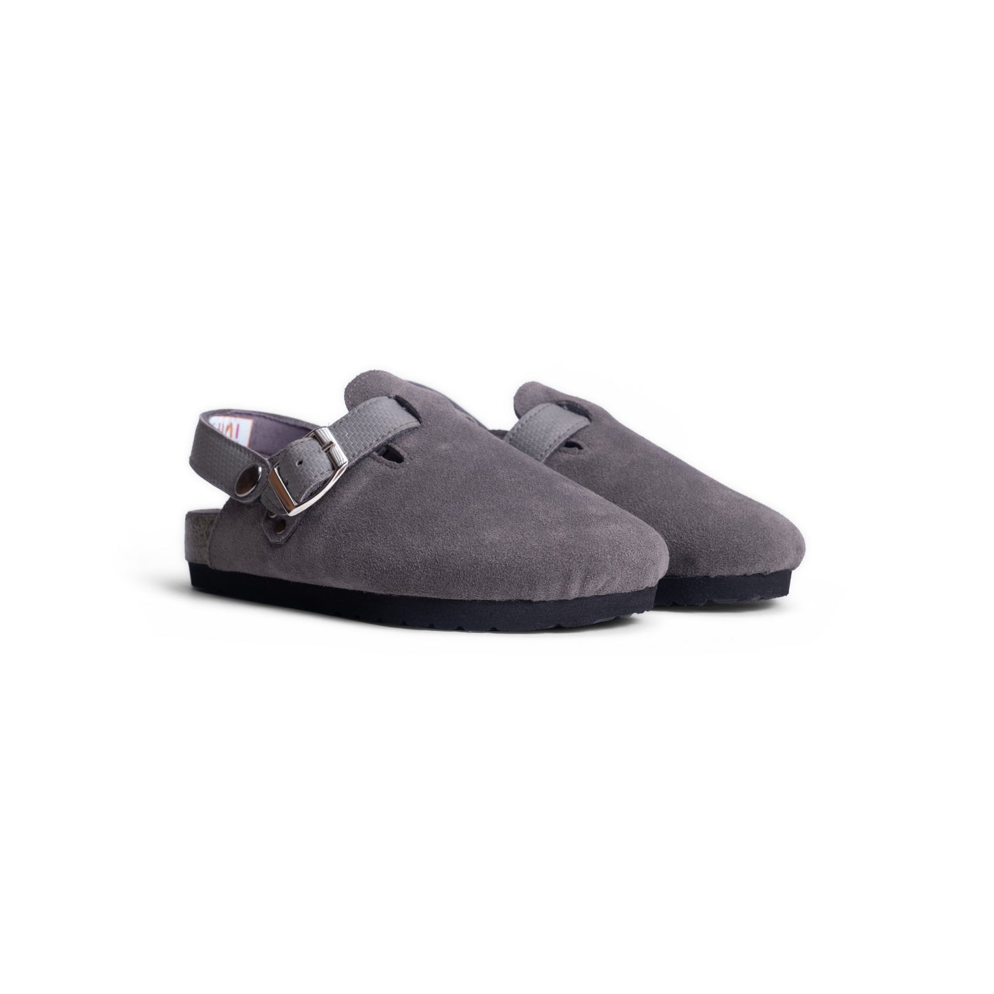 Close-up of the DEKLOM Cloud clogs for kids in stylish grey, featuring a comfortable strap and chic design for urban exploration.