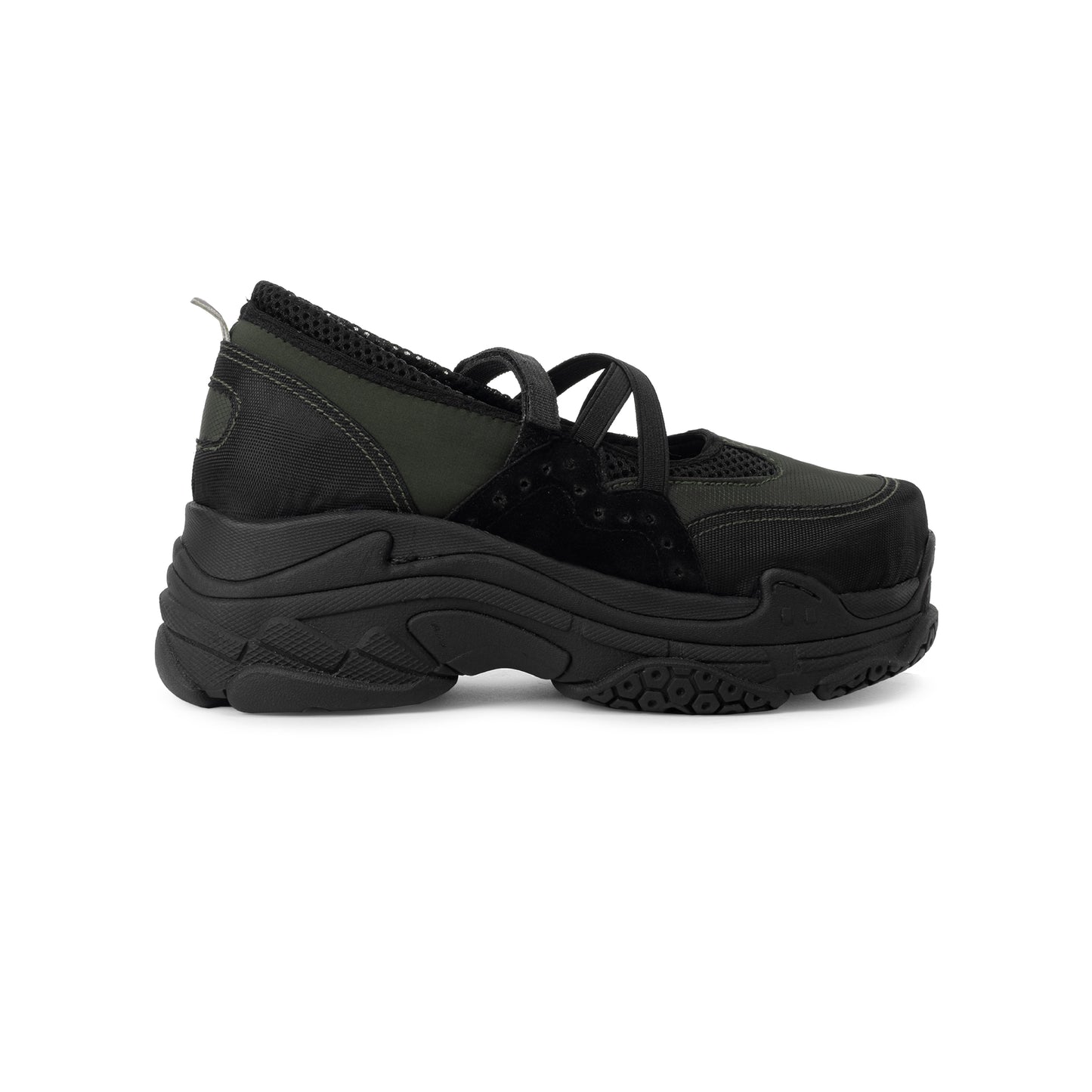 TUXE Dark Terrain Woman Sneakers featuring a stylish Mary Jane design with dual straps and a lightweight black and olive upper.