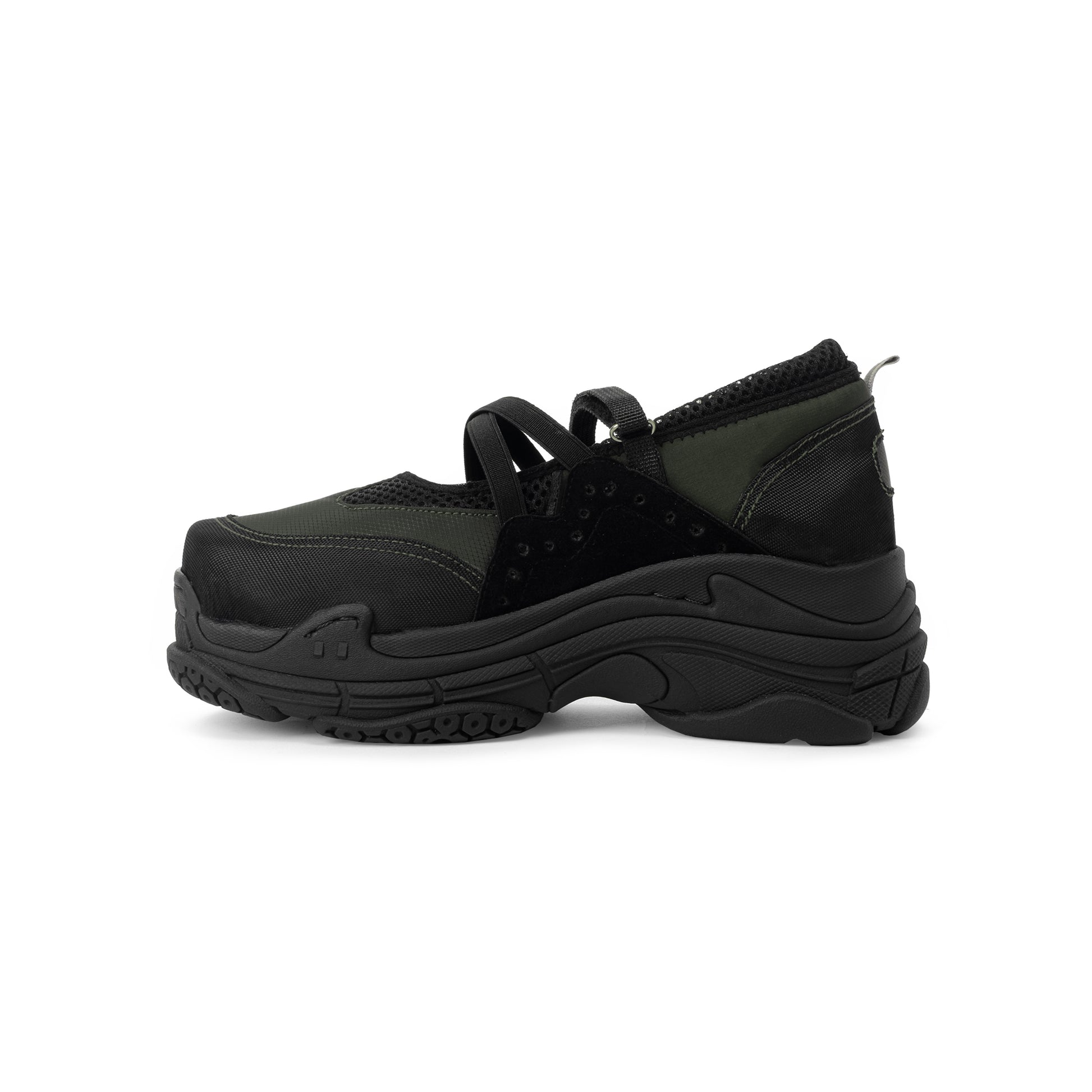 Side view of TUXE Dark Terrain Woman Sneakers showcasing the Mary Jane silhouette in a chic black and olive colour scheme.
