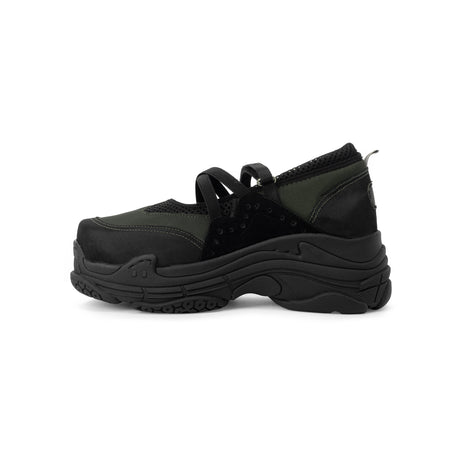 Side view of TUXE Dark Terrain Woman Sneakers showcasing the Mary Jane silhouette in a chic black and olive colour scheme.