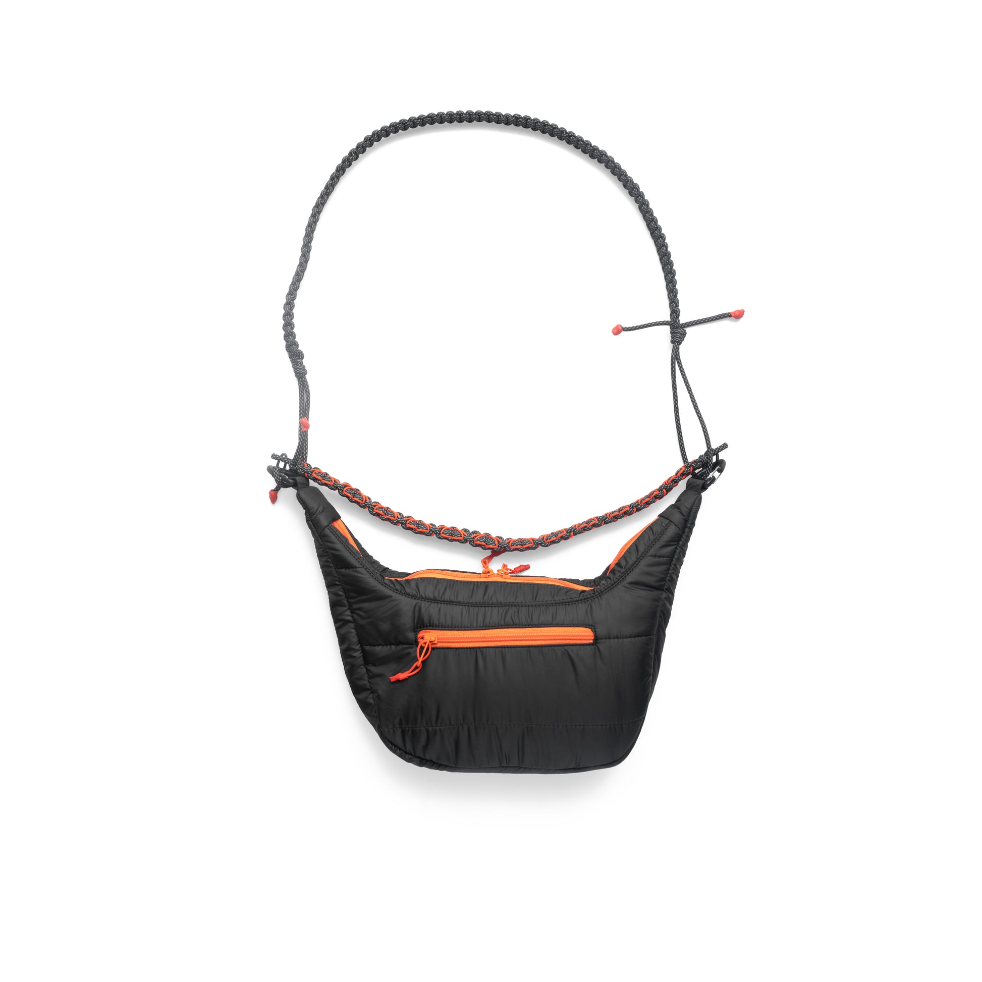 QUITAN Abyss Padded Crossbody Bag in black with an orange zipper pocket, ideal for stylish outings.