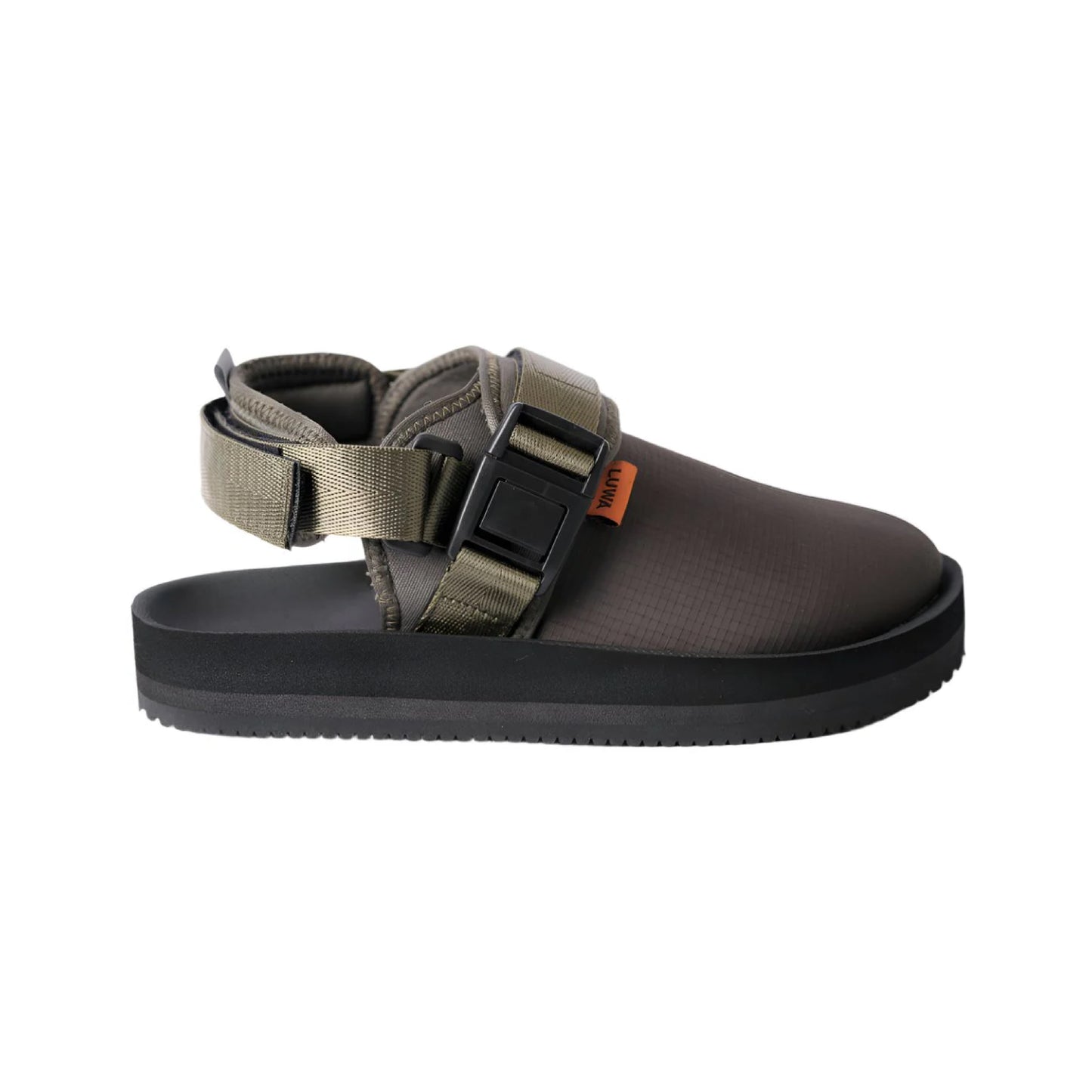 GRAKLU Moss Grid outdoor mule sandals featuring a stylish padded design, front and ankle touch-strap fastening in army green.