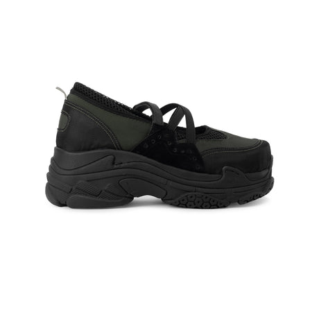TUXE Dark Terrain Woman Sneakers featuring a stylish Mary Jane design with dual straps and a lightweight black and olive upper.