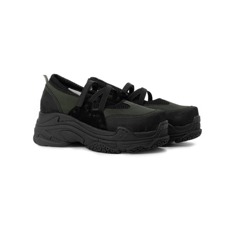 Pair of TUXE Dark Terrain Woman Sneakers displaying the versatile Mary Jane style, perfect for everyday wear in black and olive tones.