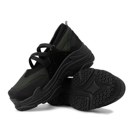 Detailed view of TUXE Dark Terrain Woman Sneakers highlighting the Mary Jane design, with textured upper and flexible outsole.